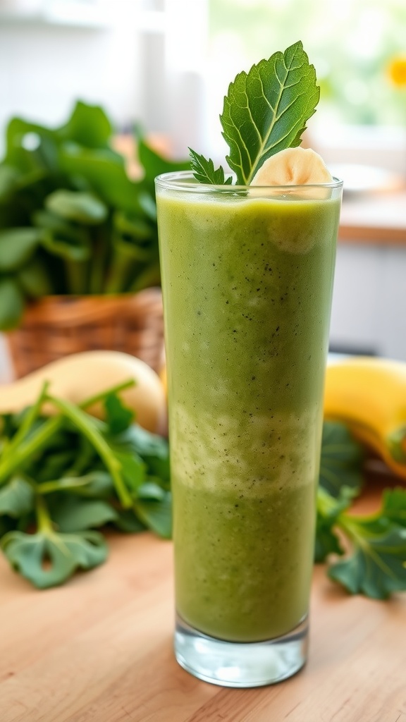 A green smoothie in a glass with banana garnish, surrounded by fresh spinach and kale on a wooden counter.